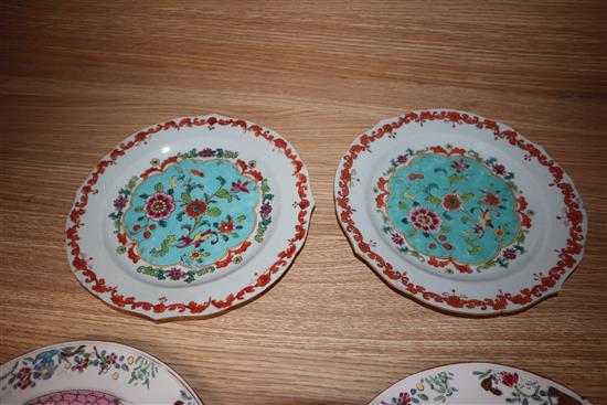 Five 18th century Chinese famille rose plates largest diameter 24cm